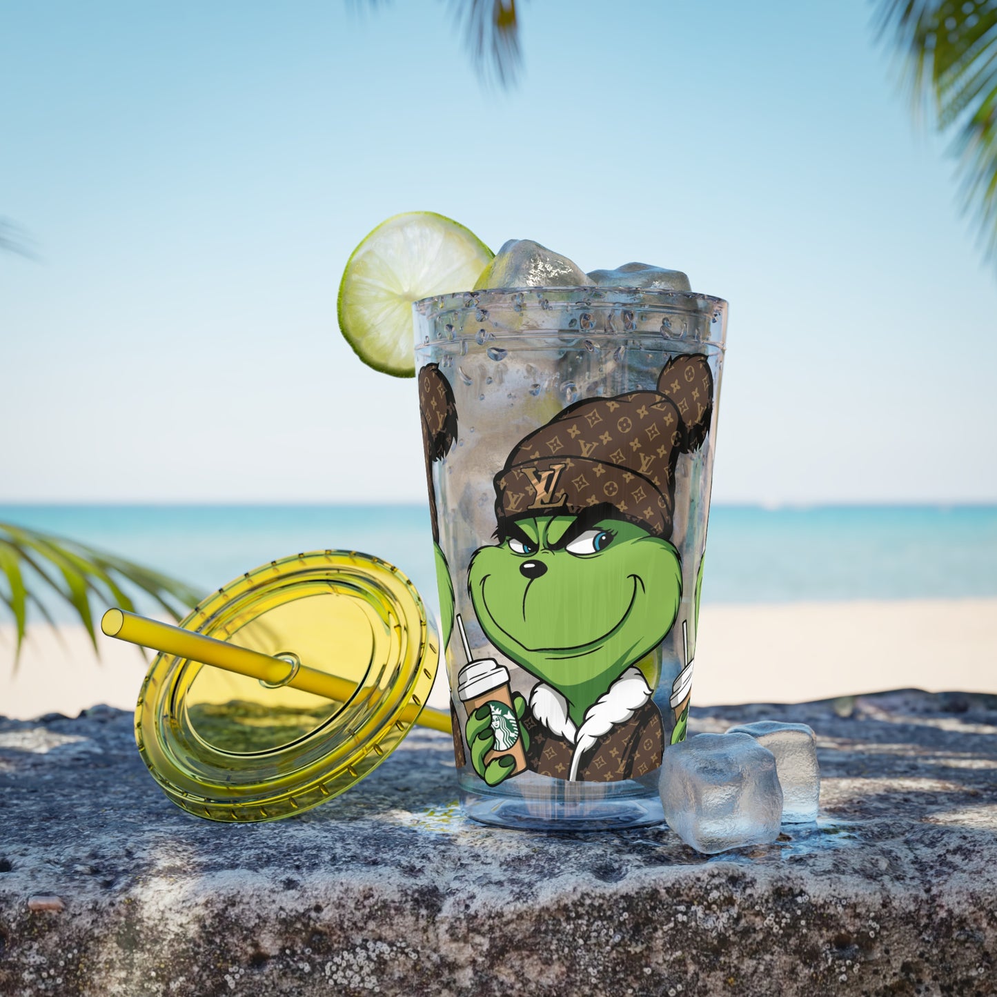 16oz Tumbler — Grinch in Designer Beanie Clear Straw Cup