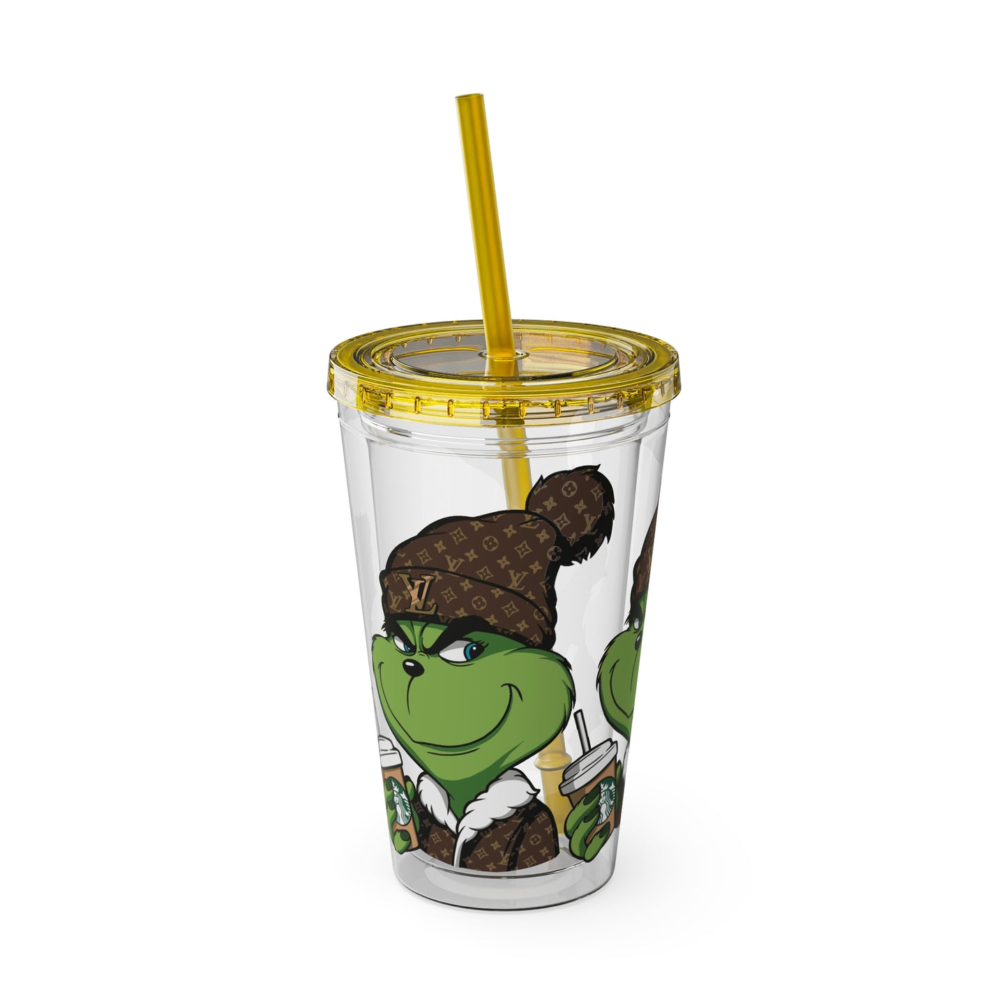 16oz Tumbler — Grinch in Designer Beanie Clear Straw Cup