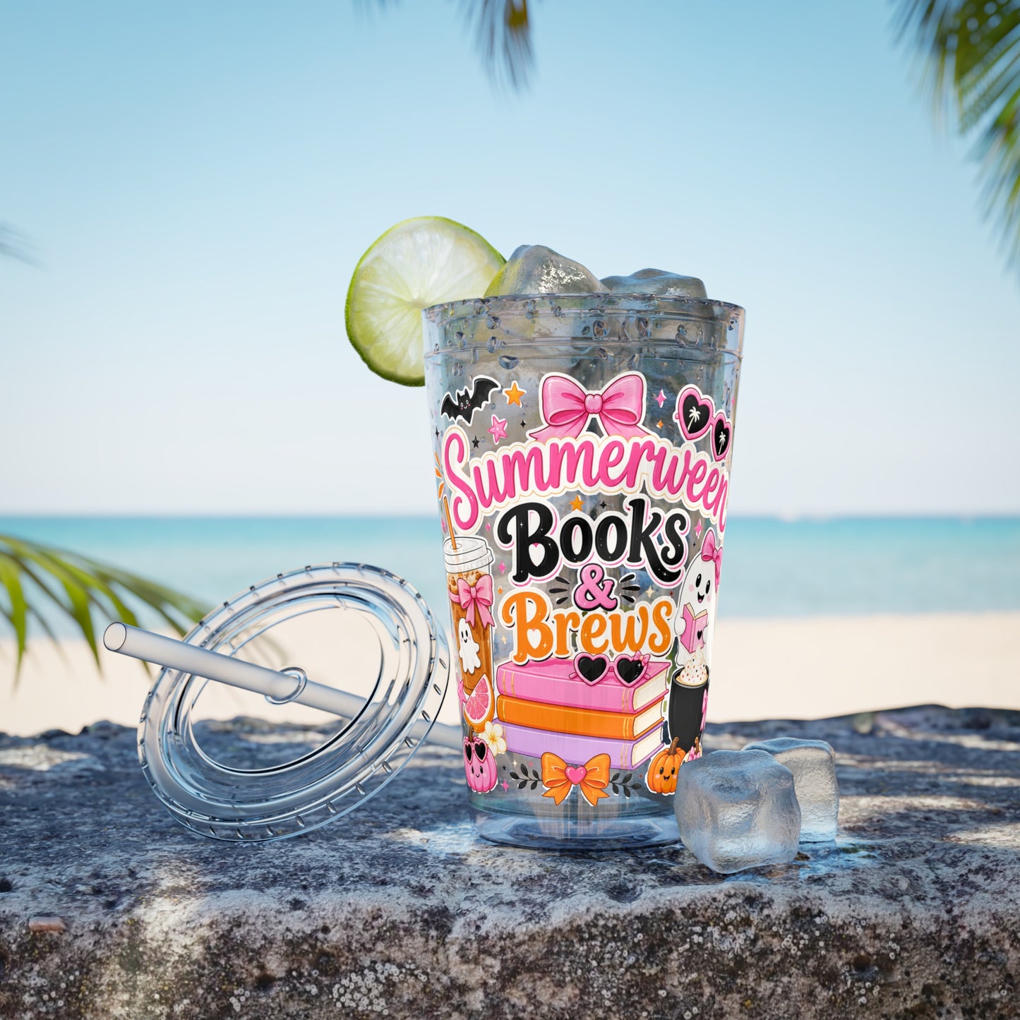 Summerween Books & Brews Tumbler — 16oz Straw Cup for Book Lovers
