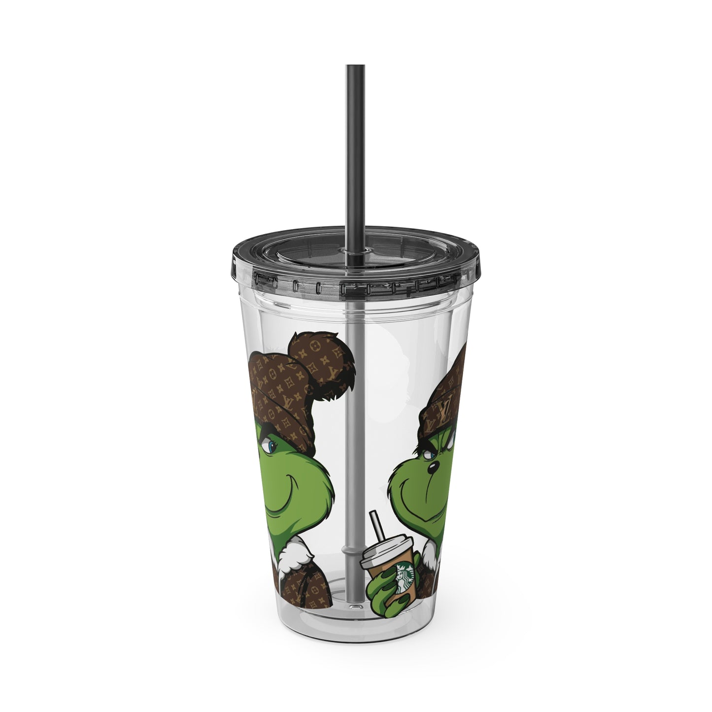 16oz Tumbler — Grinch in Designer Beanie Clear Straw Cup