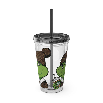 16oz Tumbler — Grinch in Designer Beanie Clear Straw Cup