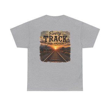 Graphic Tee "Every Track Leads Somewhere" Sunset Railroad