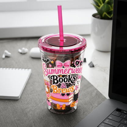 Summerween Books & Brews Tumbler — 16oz Straw Cup for Book Lovers