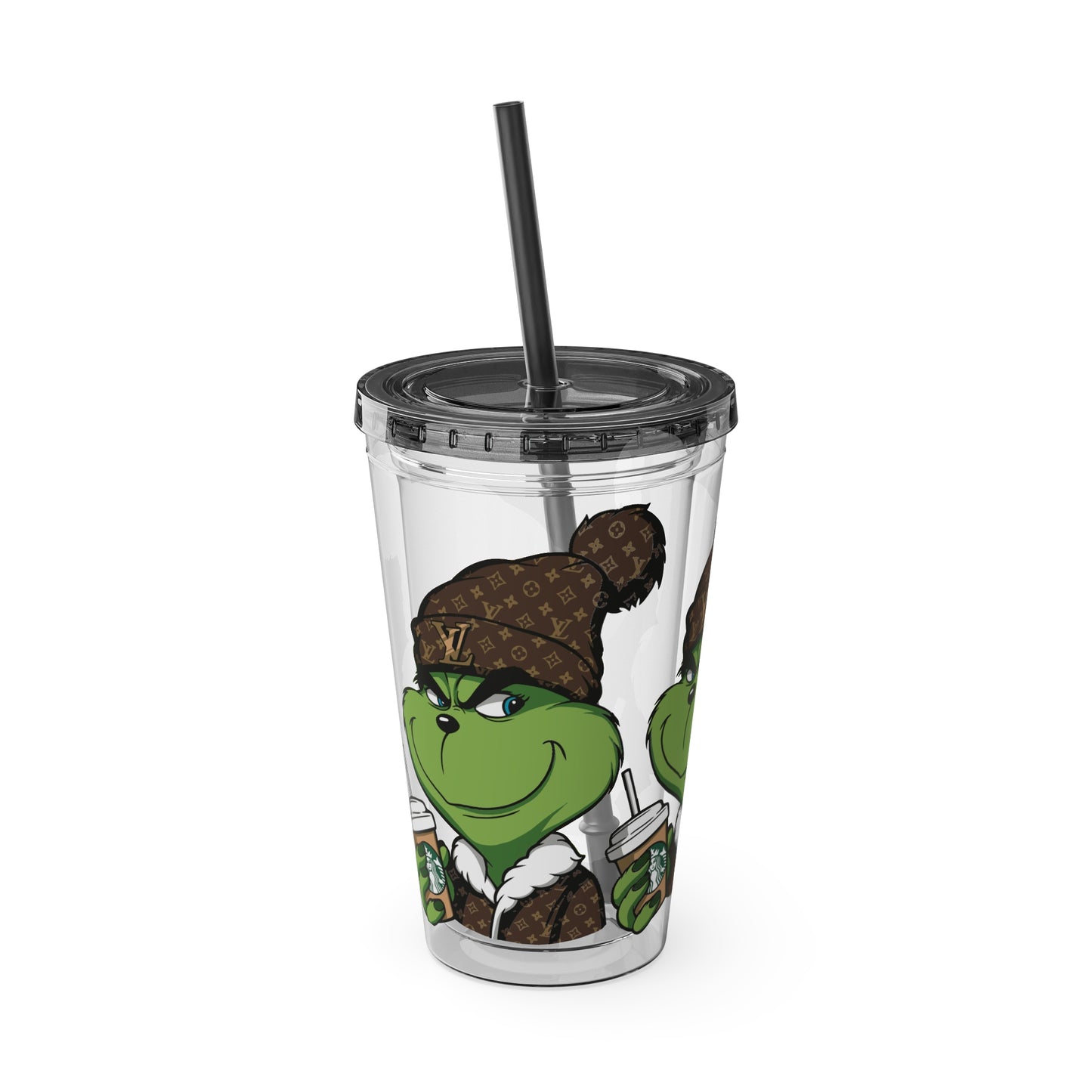 16oz Tumbler — Grinch in Designer Beanie Clear Straw Cup