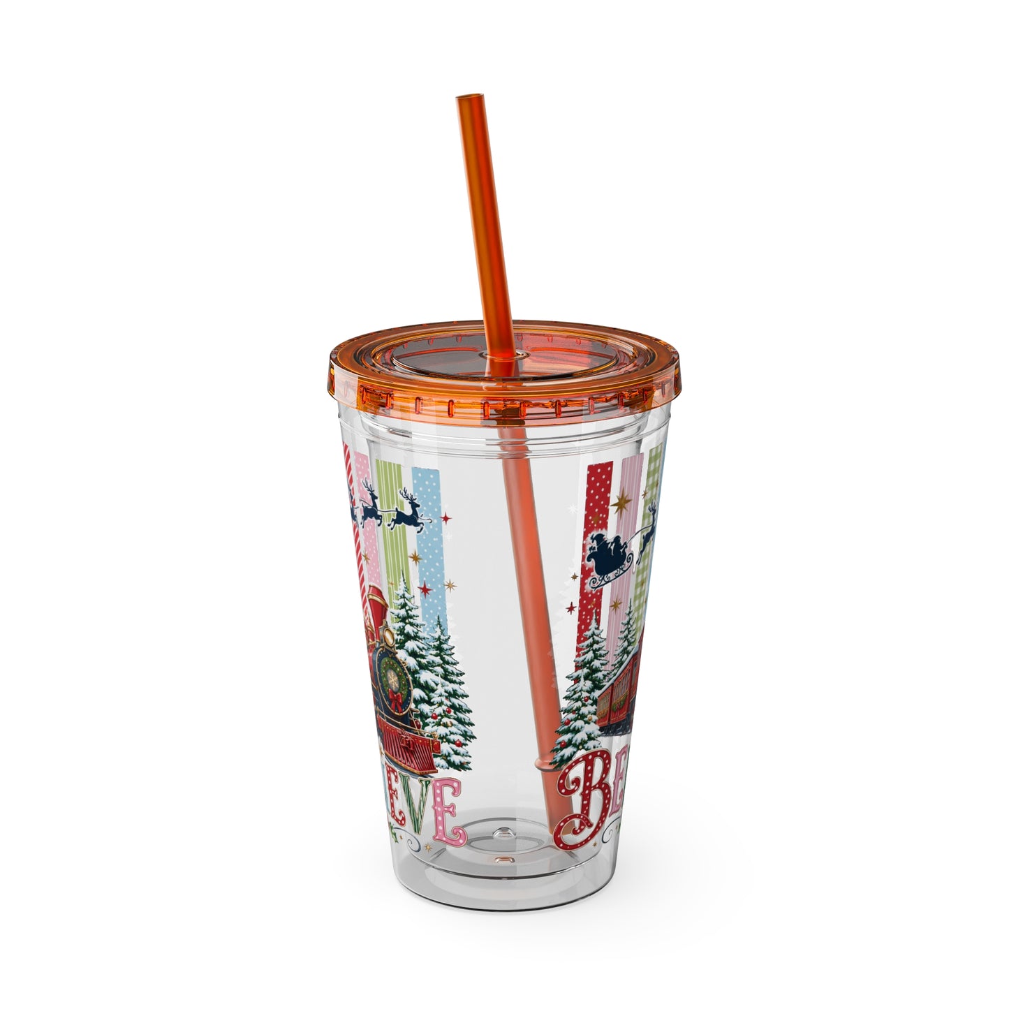 Believe Holiday Tumbler — Christmas Train 16oz Straw Cup