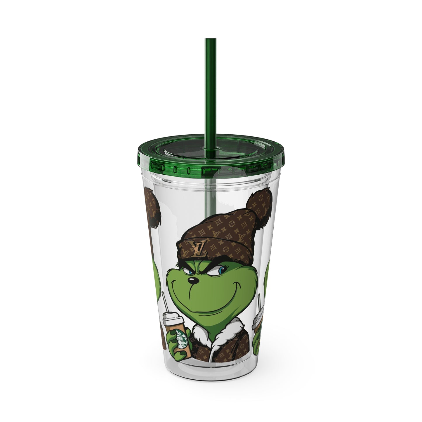 16oz Tumbler — Grinch in Designer Beanie Clear Straw Cup