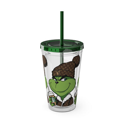 16oz Tumbler — Grinch in Designer Beanie Clear Straw Cup