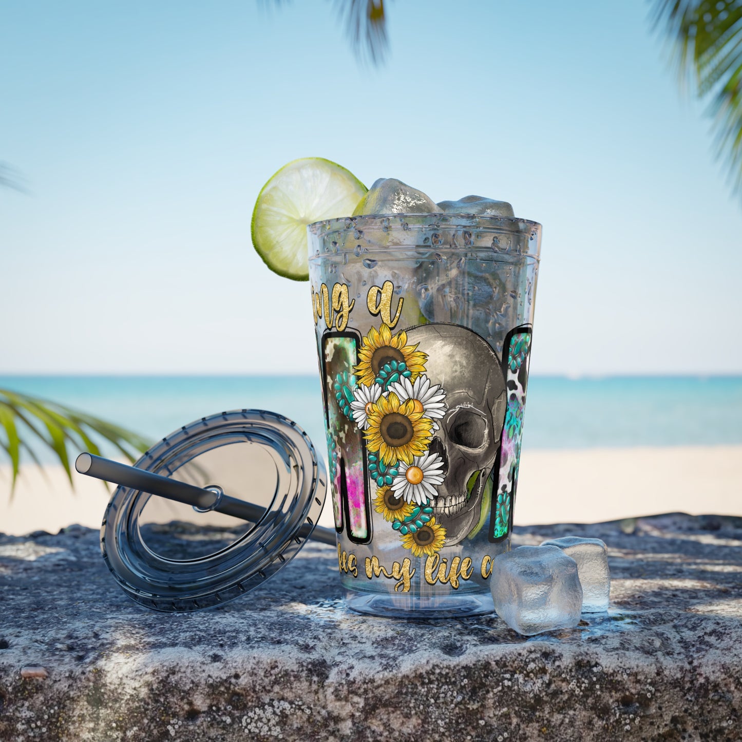 16oz Tumbler with Straw - "Being You" Floral Skull Cold Drink Cup Sunsplash Skull & Sunflower