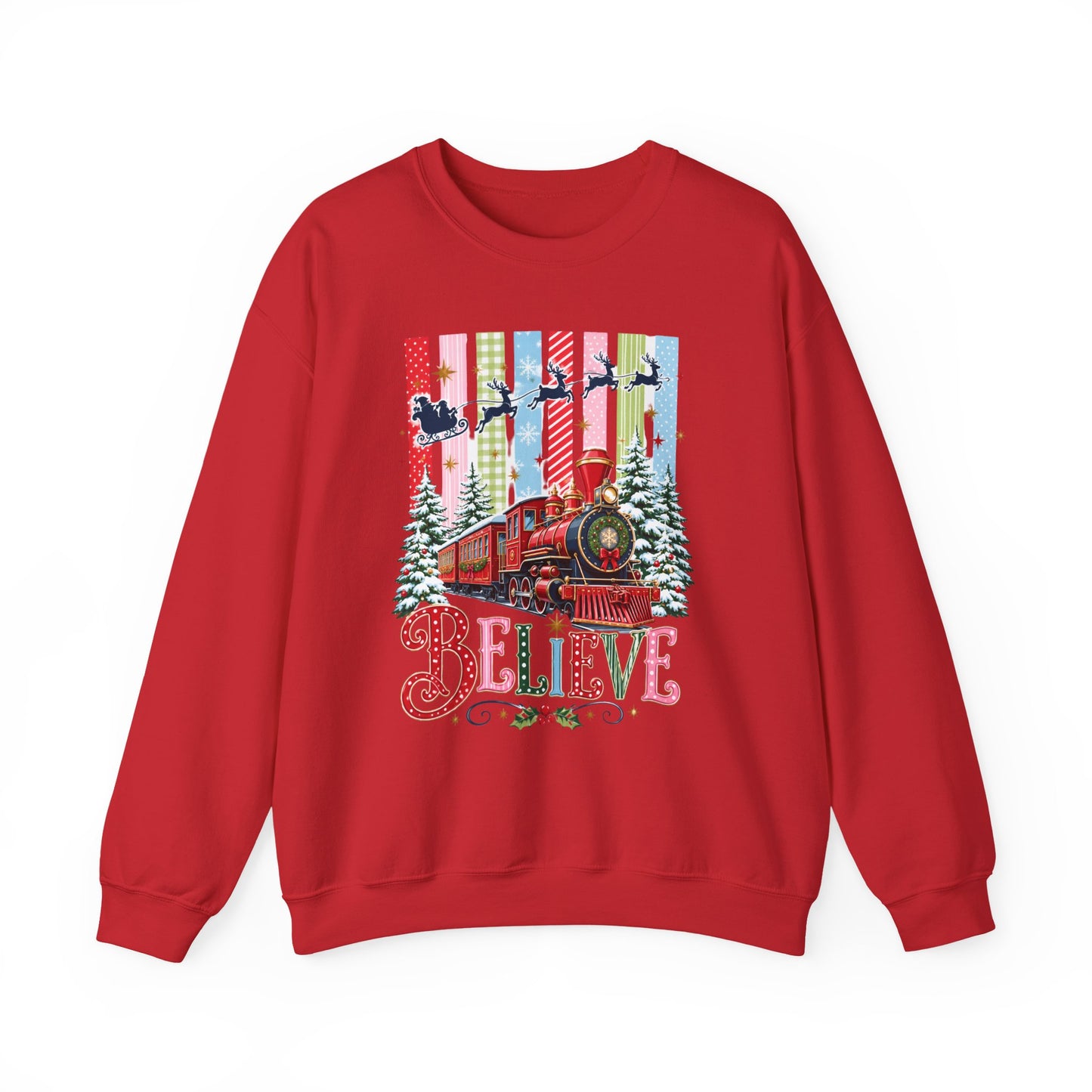 Believe Christmas Crewneck Sweatshirt — Vintage Holiday Train & Santa Silhouette