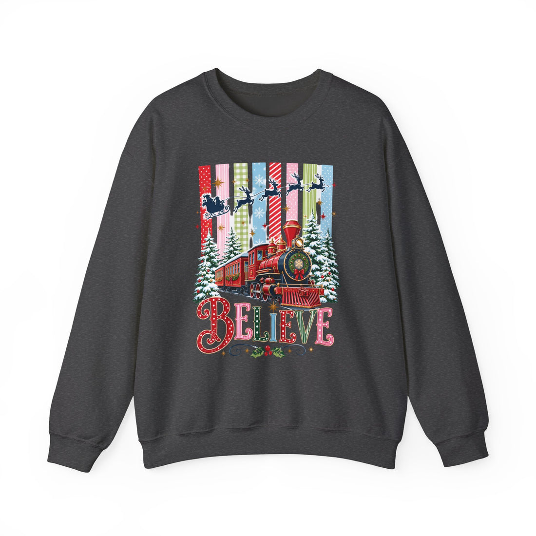 Christmas "Believe" Crewneck Sweatshirt — Vintage Holiday Train & Santa Silhouette