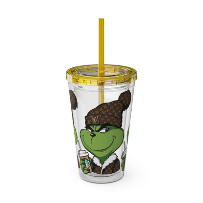 16oz Tumbler — Grinch in Designer Beanie Clear Straw Cup