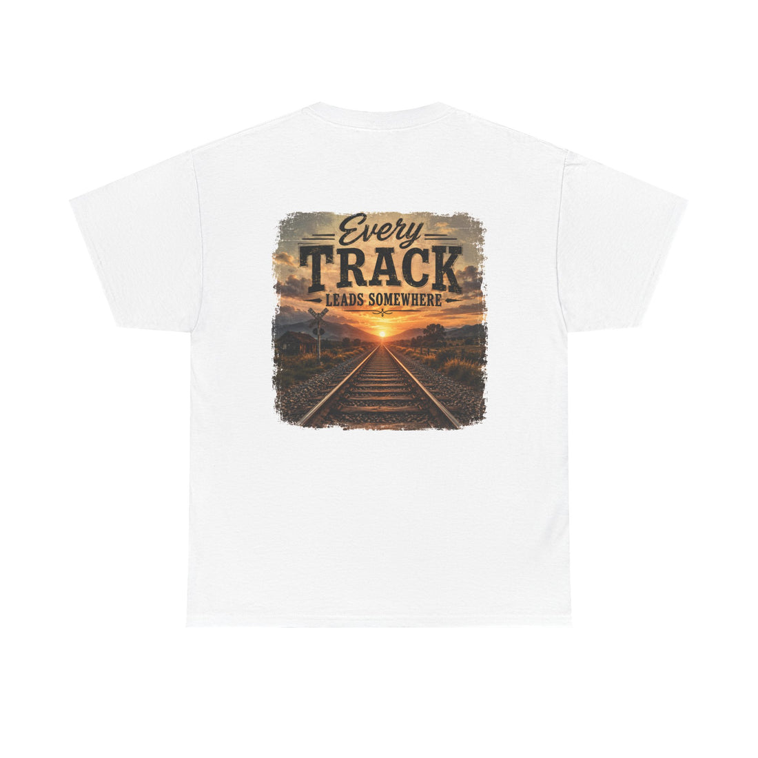 Graphic Tee "Every Track Leads Somewhere" Sunset Railroad