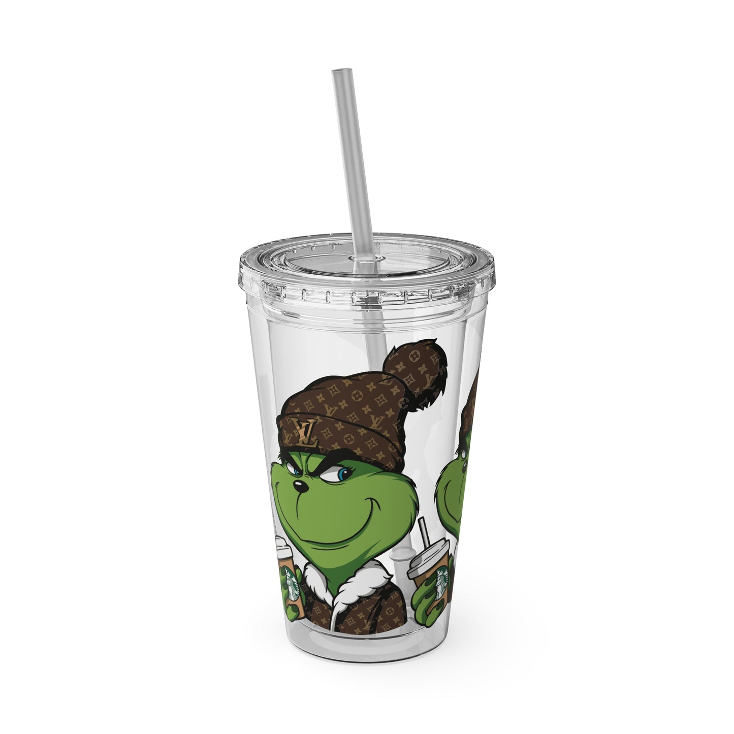 16oz Tumbler — Grinch in Designer Beanie Clear Straw Cup