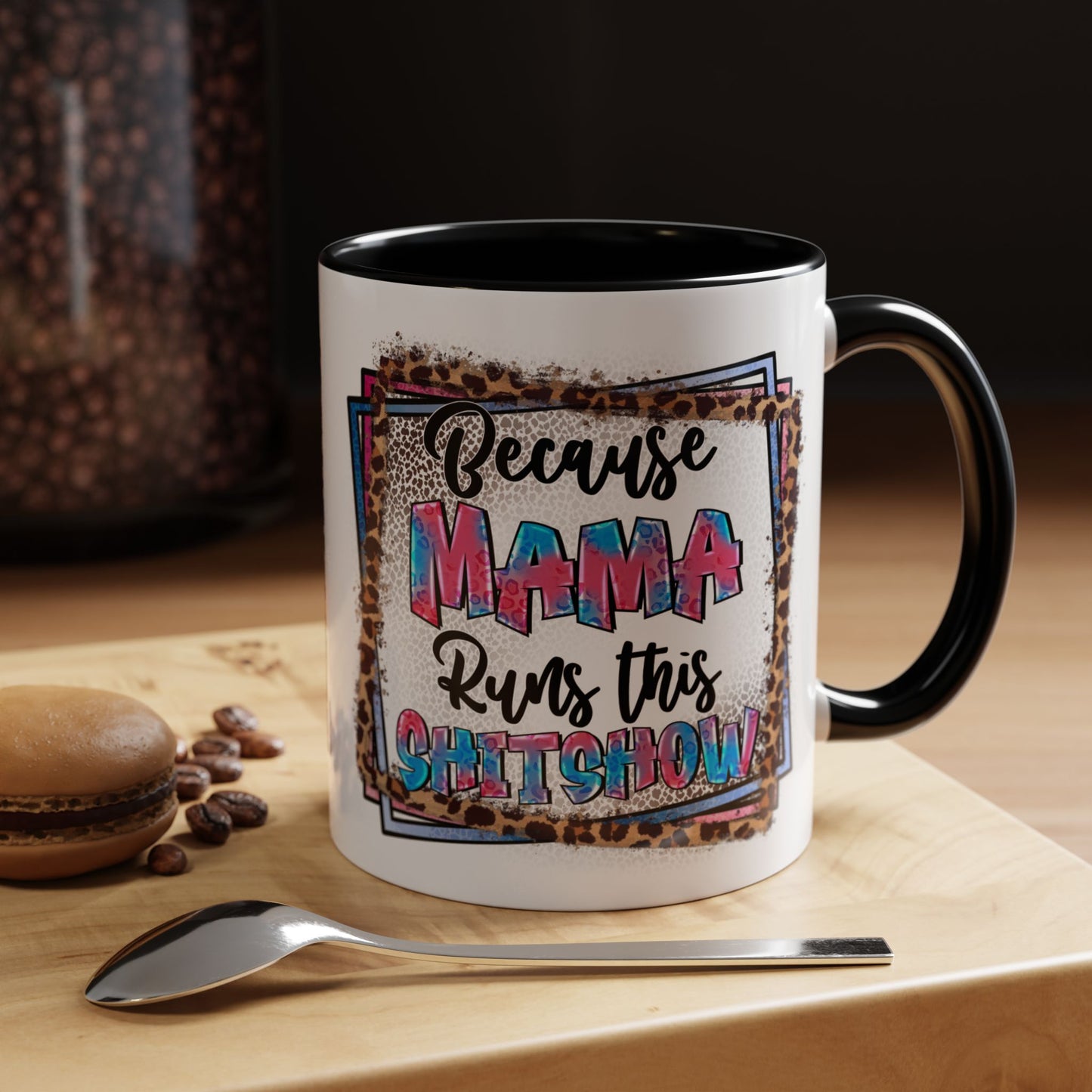 Mama Runs This Shitshow Accent Coffee Mug — Leopard & Watercolor Mom Gift (11/15oz)