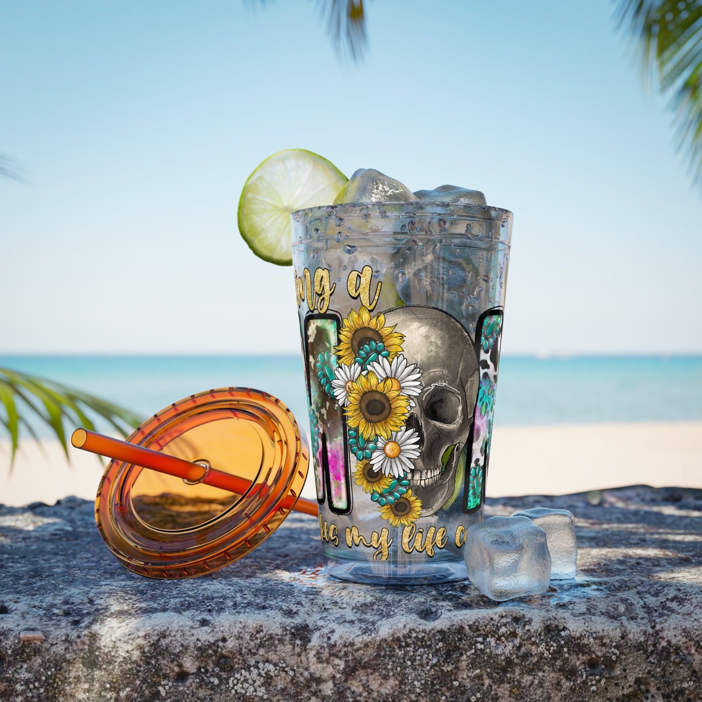 16oz Tumbler with Straw - "Being You" Floral Skull Cold Drink Cup Sunsplash Skull & Sunflower