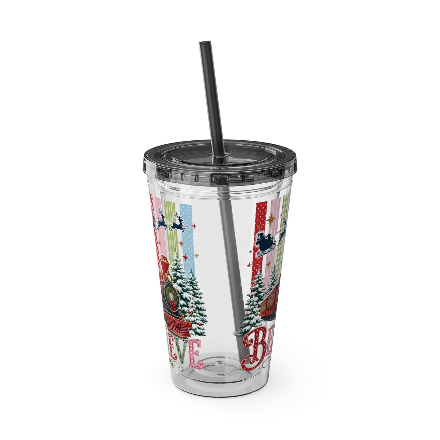 Believe Holiday Tumbler — Christmas Train 16oz Straw Cup