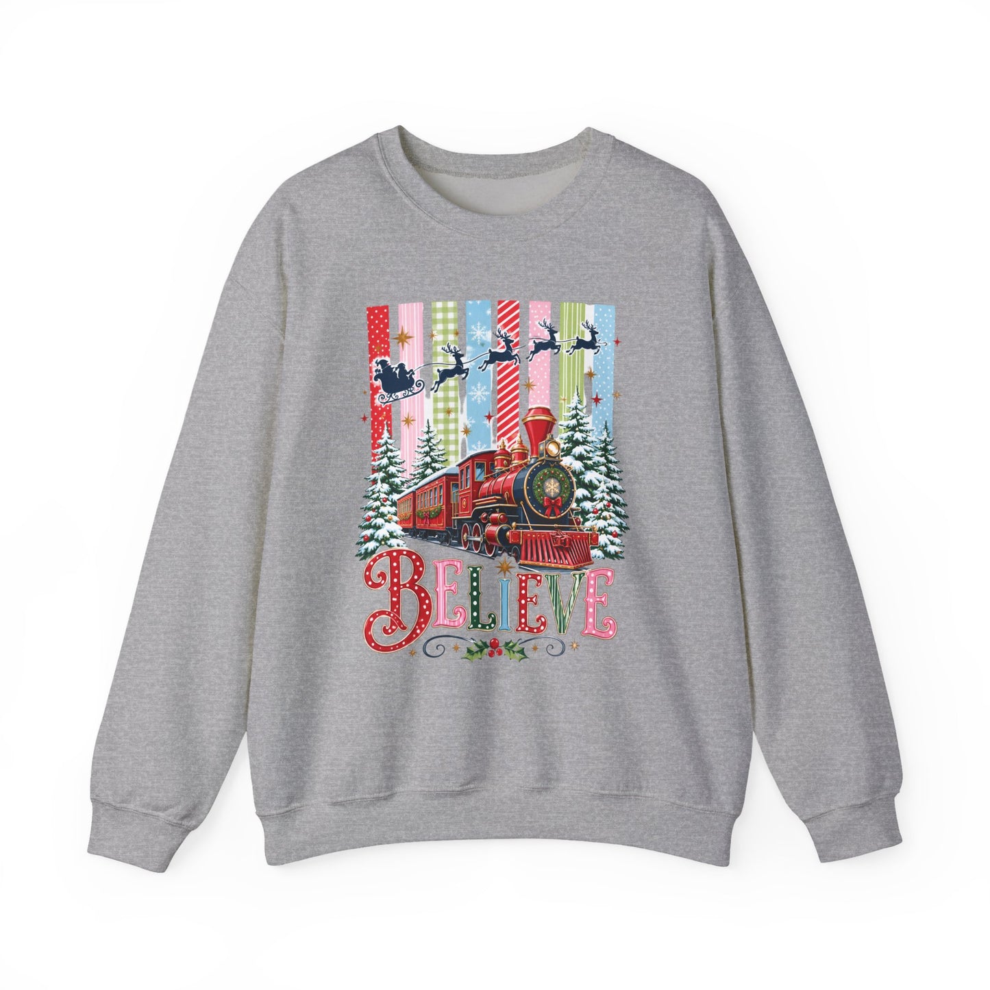 Believe Christmas Crewneck Sweatshirt — Vintage Holiday Train & Santa Silhouette