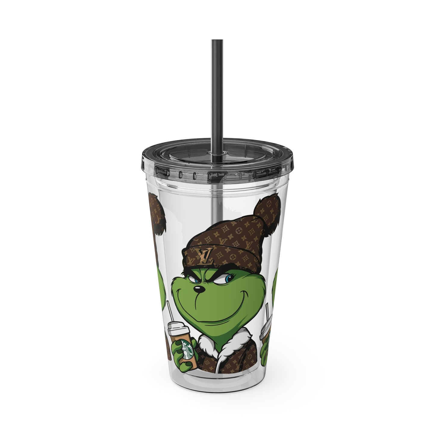 16oz Tumbler — Grinch in Designer Beanie Clear Straw Cup