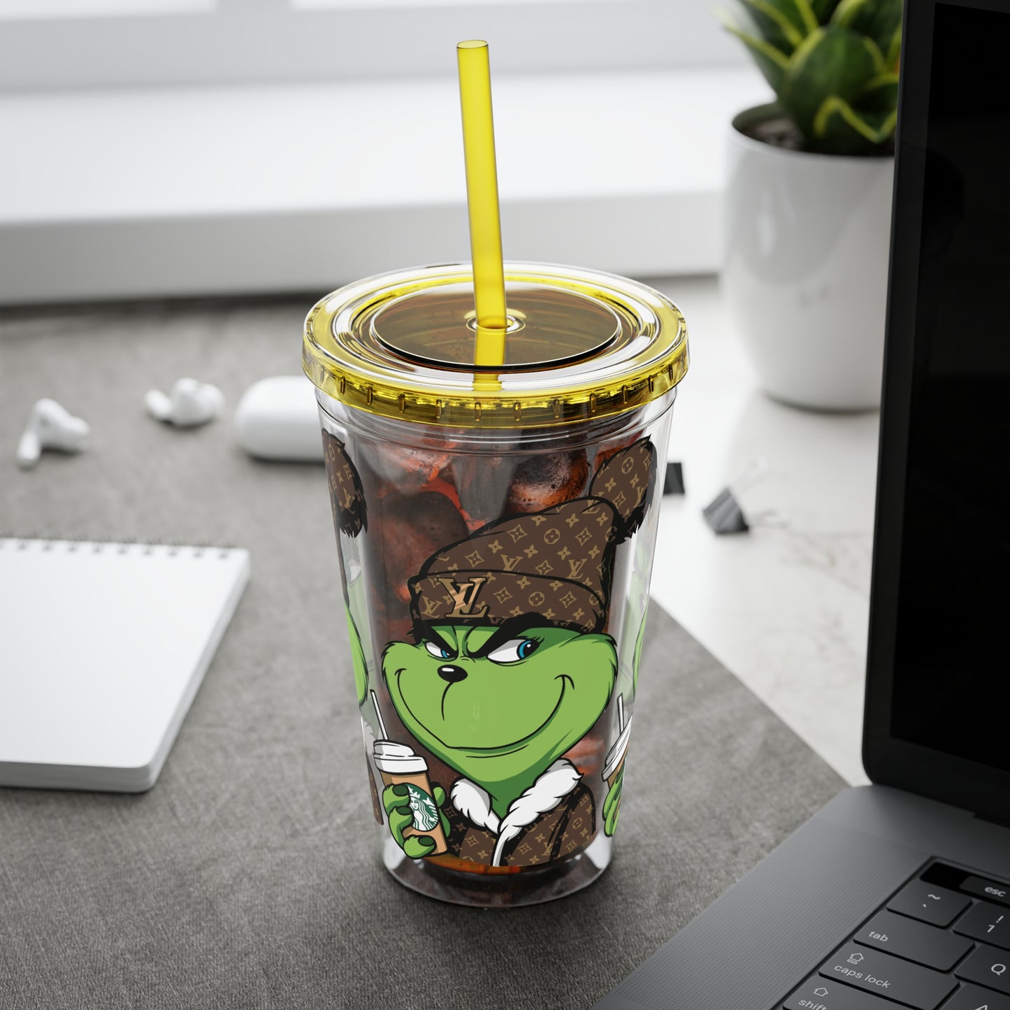 16oz Tumbler — Grinch in Designer Beanie Clear Straw Cup