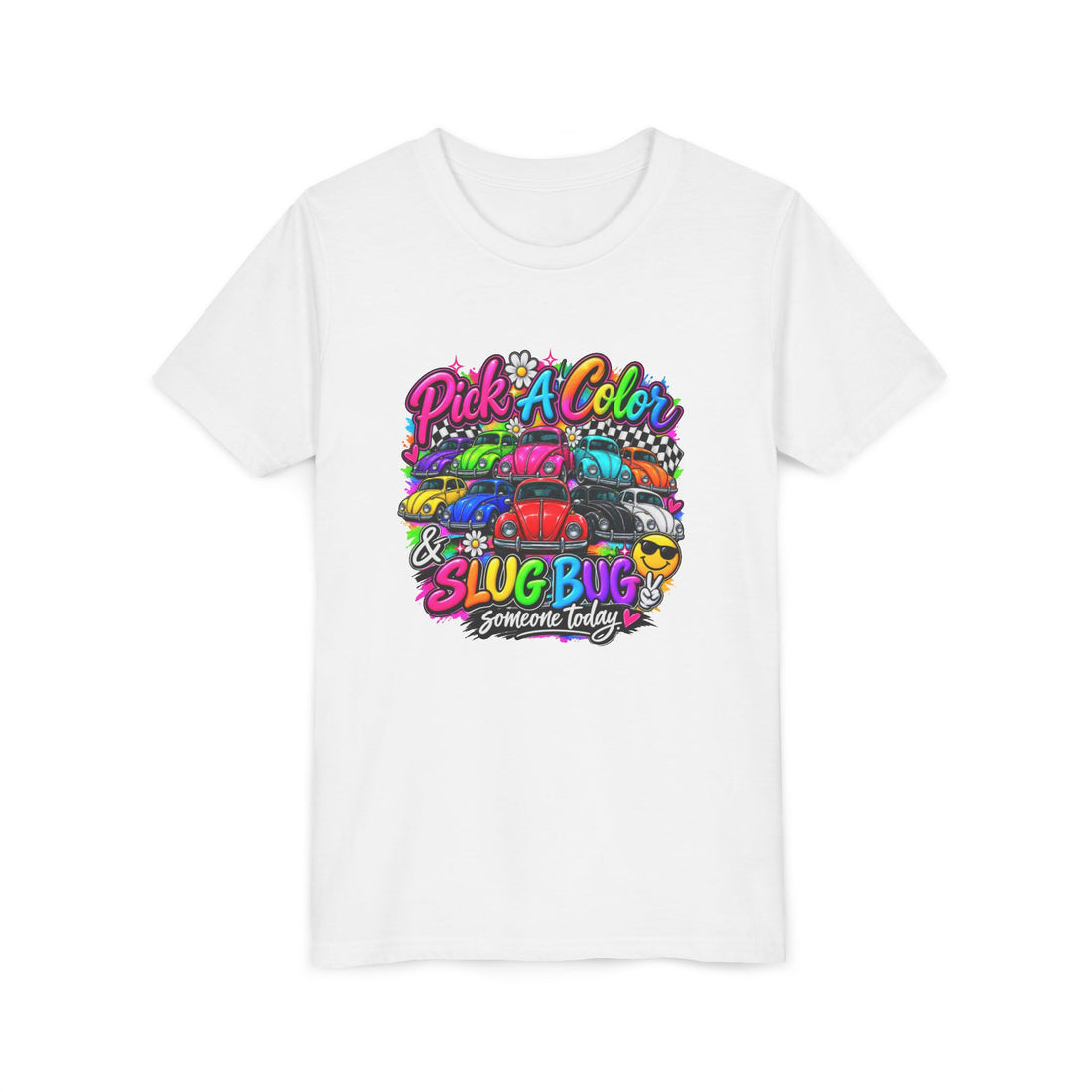 Vintage Bug Graphic Youth Tee — "Pick A Color & Slug Bug Someone Today" Colorful