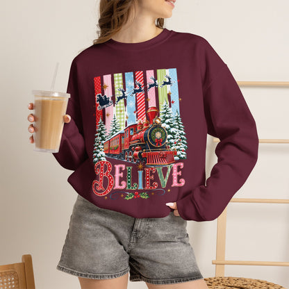 Believe Christmas Crewneck Sweatshirt — Vintage Holiday Train & Santa Silhouette