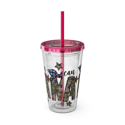 Patriotic Mama 16oz Tumbler with Straw — All American Floral Flag Design