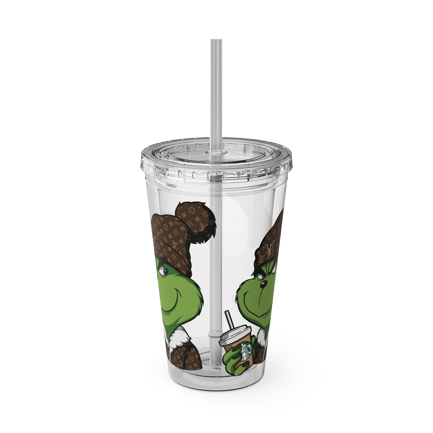 16oz Tumbler — Grinch in Designer Beanie Clear Straw Cup