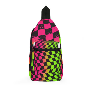 Neon Checkerboard Sling Bag – Pink & Green Retro Skate Crossbody