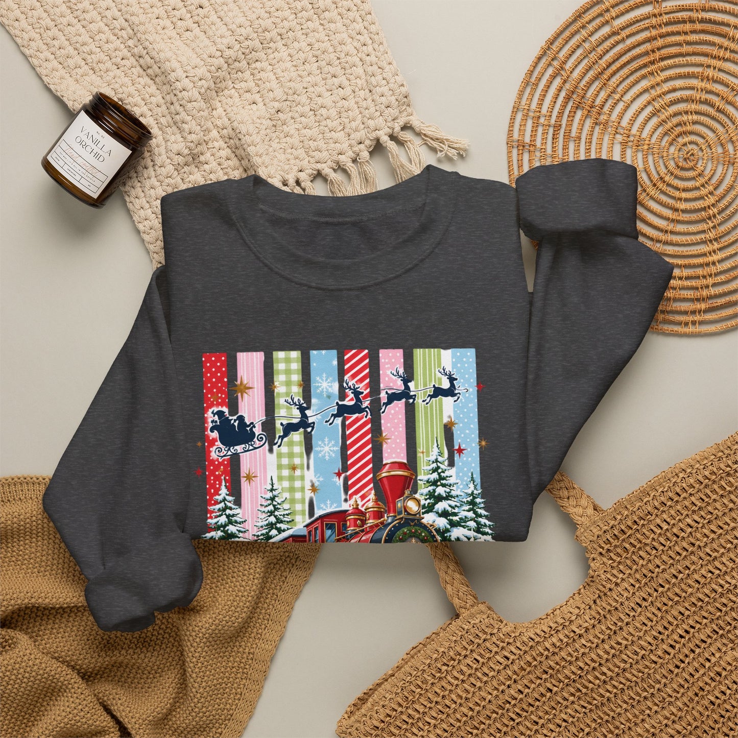 Believe Christmas Crewneck Sweatshirt — Vintage Holiday Train & Santa Silhouette