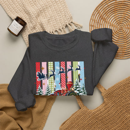 Believe Christmas Crewneck Sweatshirt — Vintage Holiday Train & Santa Silhouette