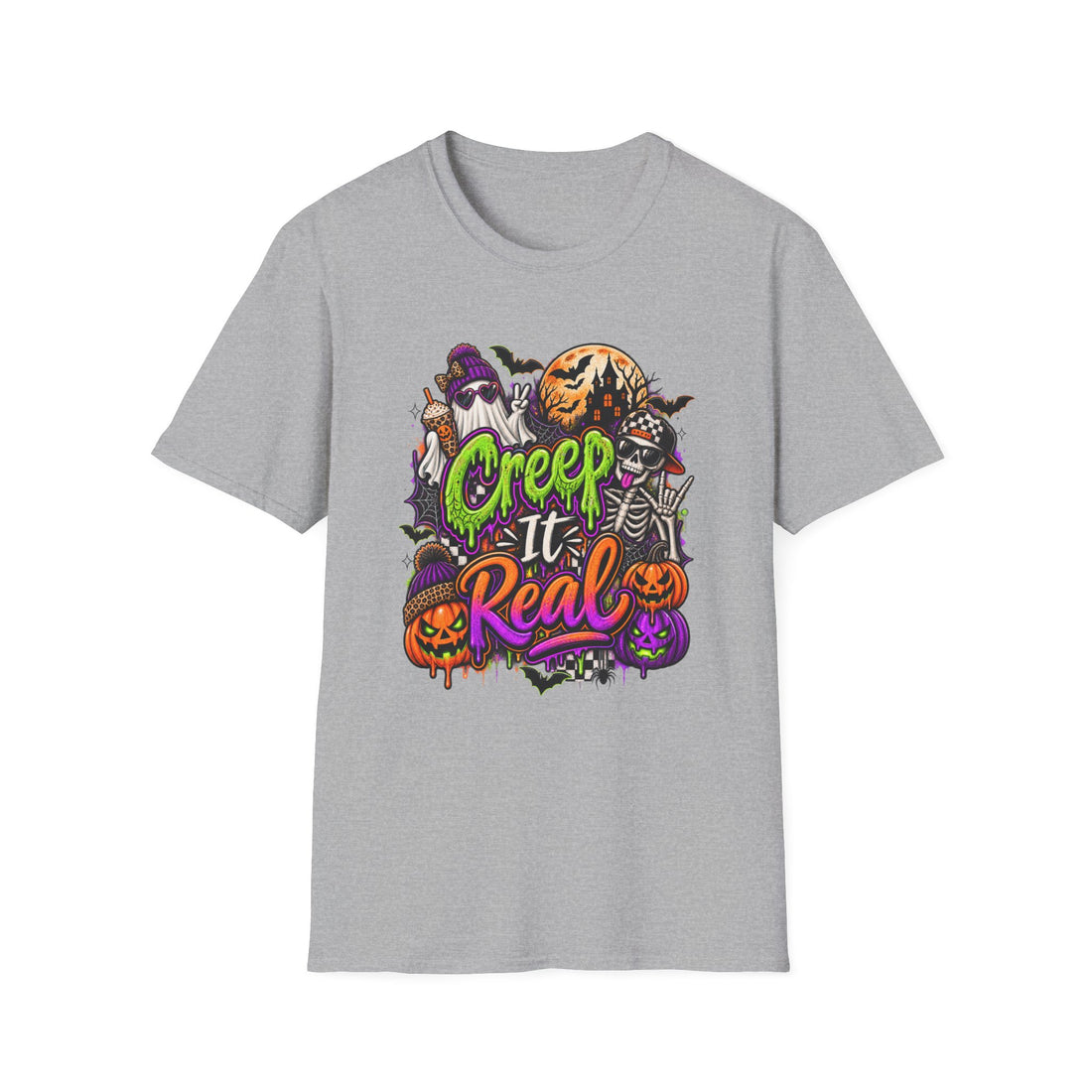Halloween Tee — "Creep It Real" Ghosts & Skeletons Graphic