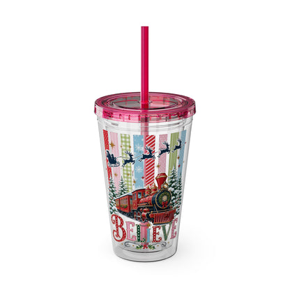 Believe Holiday Tumbler — Christmas Train 16oz Straw Cup