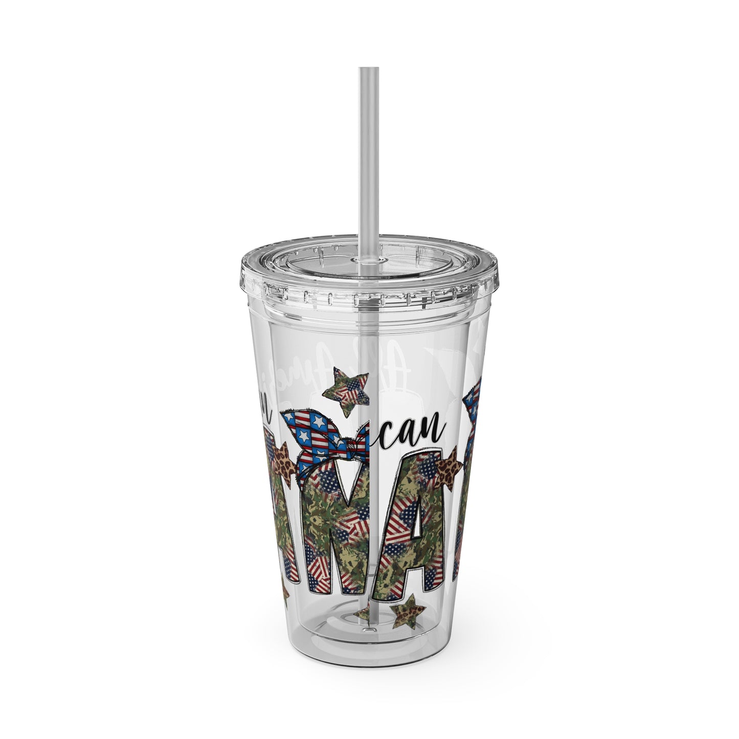 Patriotic Mama 16oz Tumbler with Straw — All American Floral Flag Design