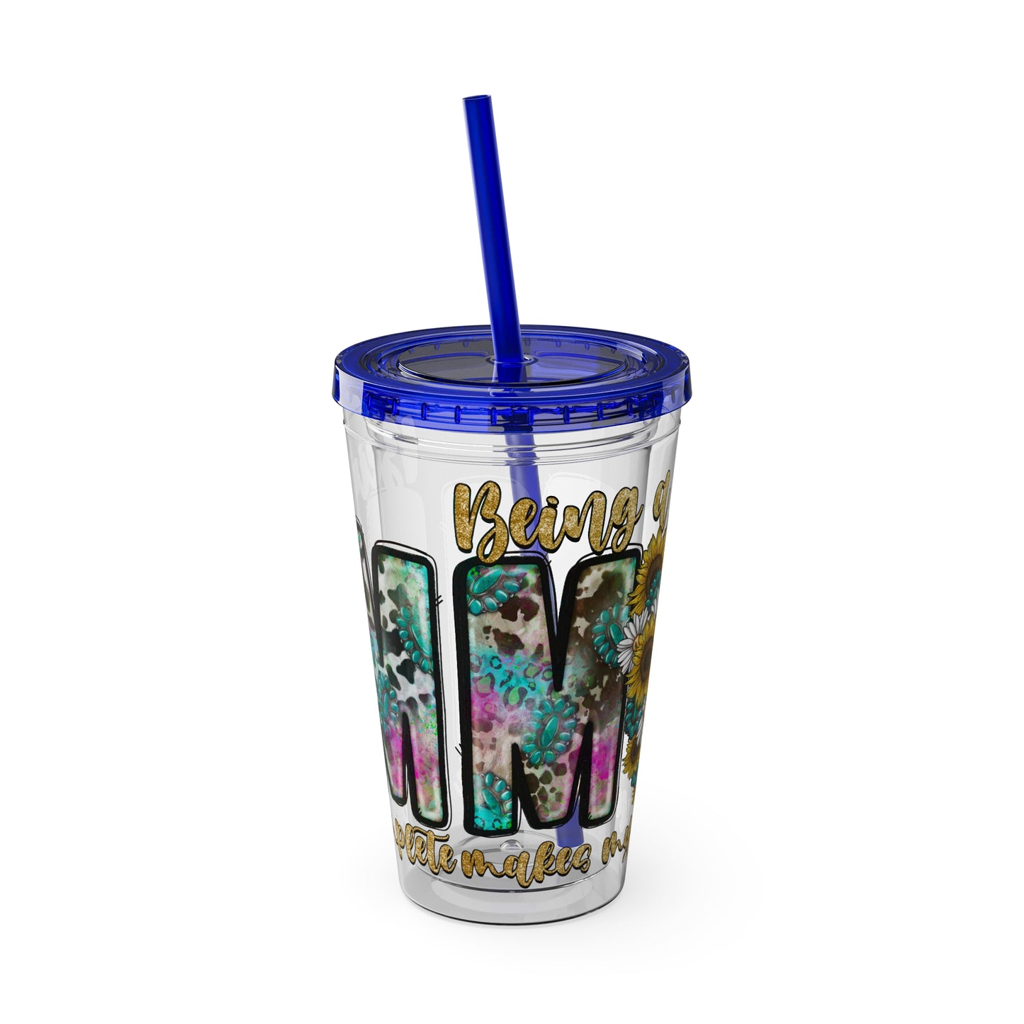 16oz Tumbler with Straw - "Being You" Floral Skull Cold Drink Cup Sunsplash Skull & Sunflower