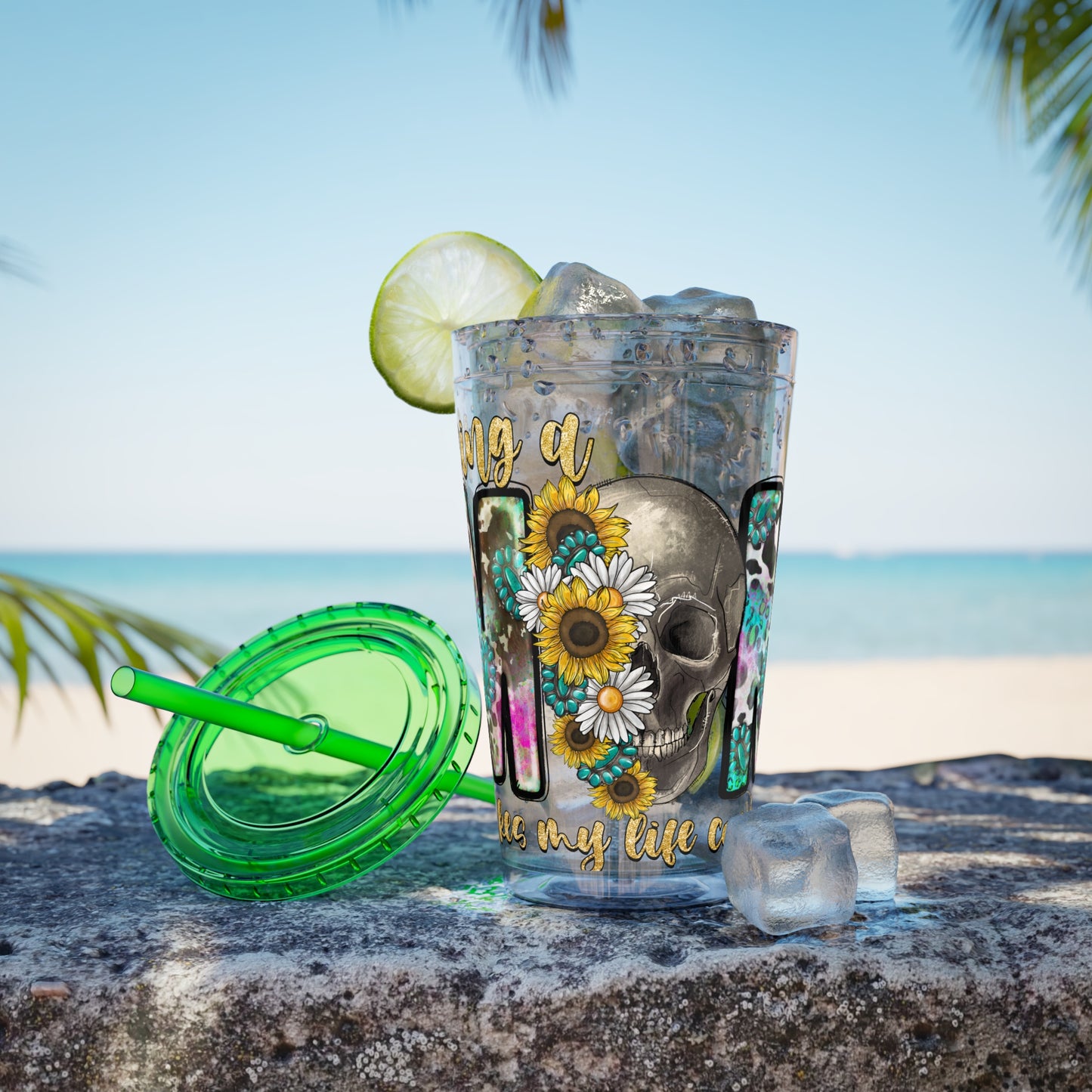 16oz Tumbler with Straw - "Being You" Floral Skull Cold Drink Cup Sunsplash Skull & Sunflower