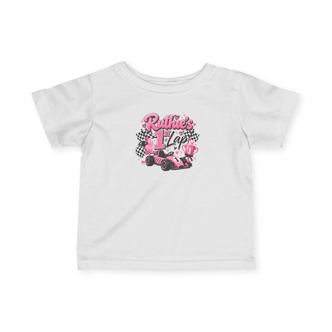 Baby Racing Car Tee — "Ruthie's 1 Lap" Pink Checkered Infant Shirt