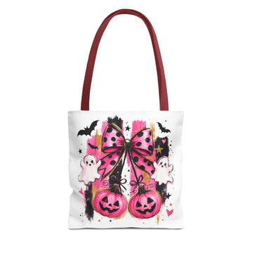 Halloween Pink Bow Tote Bag — Cute Ghosts & Jack-o'-Lanterns AOP