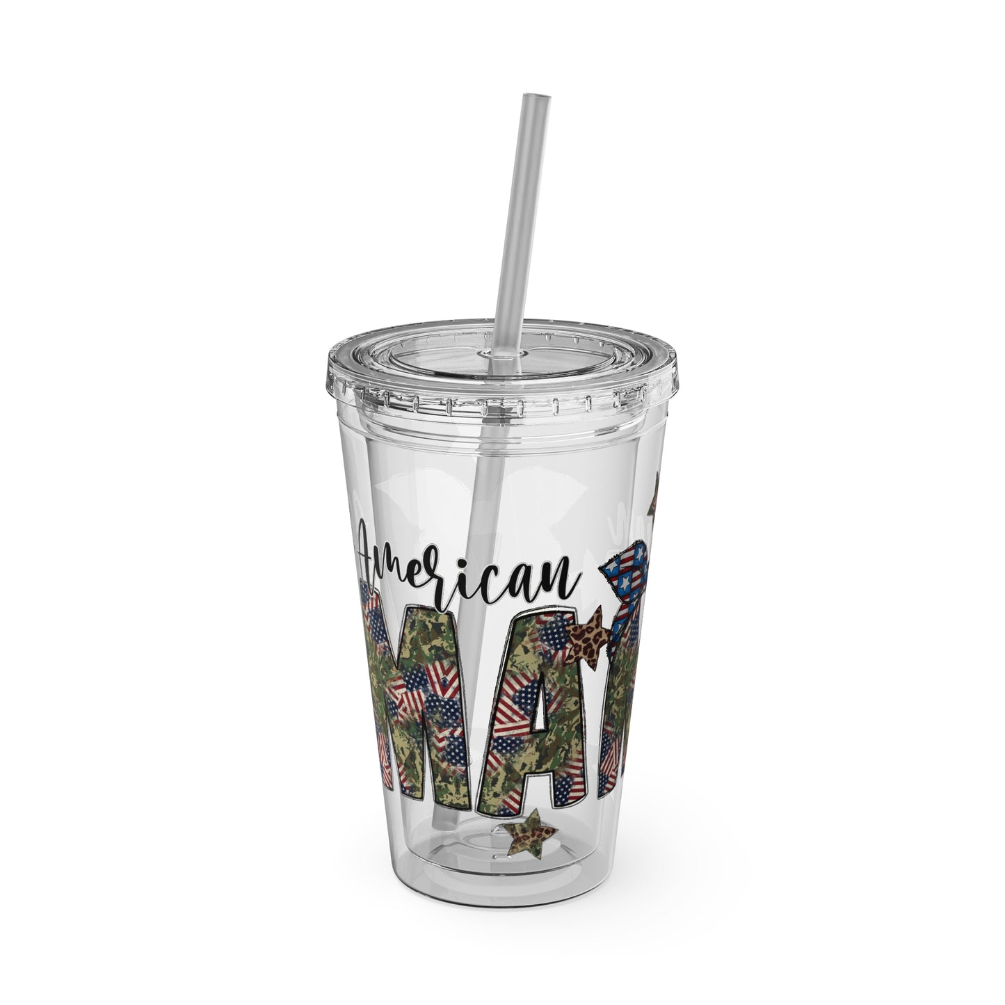 Patriotic Mama 16oz Tumbler with Straw — All American Floral Flag Design