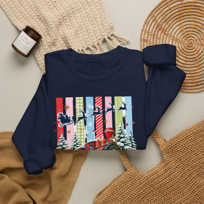 Believe Christmas Crewneck Sweatshirt — Vintage Holiday Train & Santa Silhouette