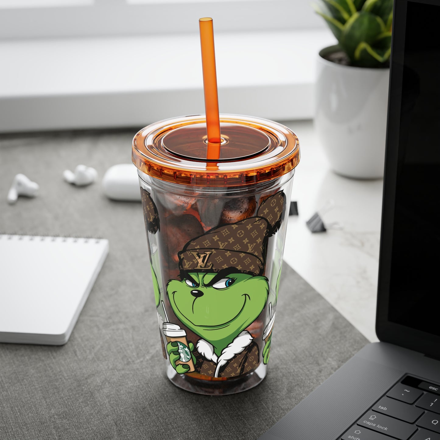 16oz Tumbler — Grinch in Designer Beanie Clear Straw Cup