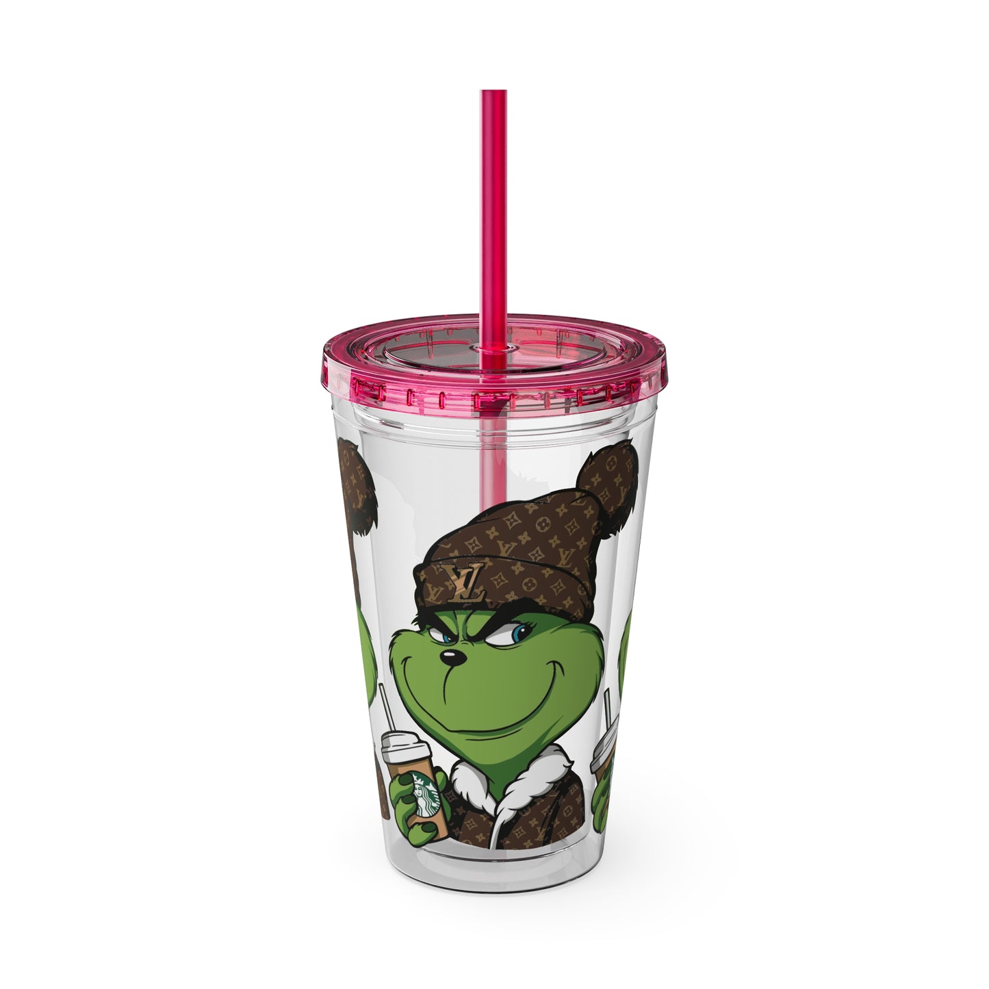 16oz Tumbler — Grinch in Designer Beanie Clear Straw Cup