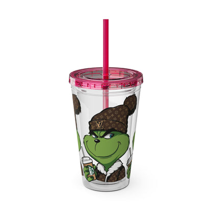 16oz Tumbler — Grinch in Designer Beanie Clear Straw Cup