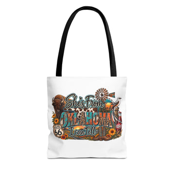 She's From Oklahoma Tote Bag — Rustic Route 66 Cowgirl Graphic Tote