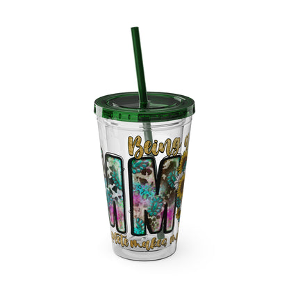 16oz Tumbler with Straw - "Being You" Floral Skull Cold Drink Cup Sunsplash Skull & Sunflower