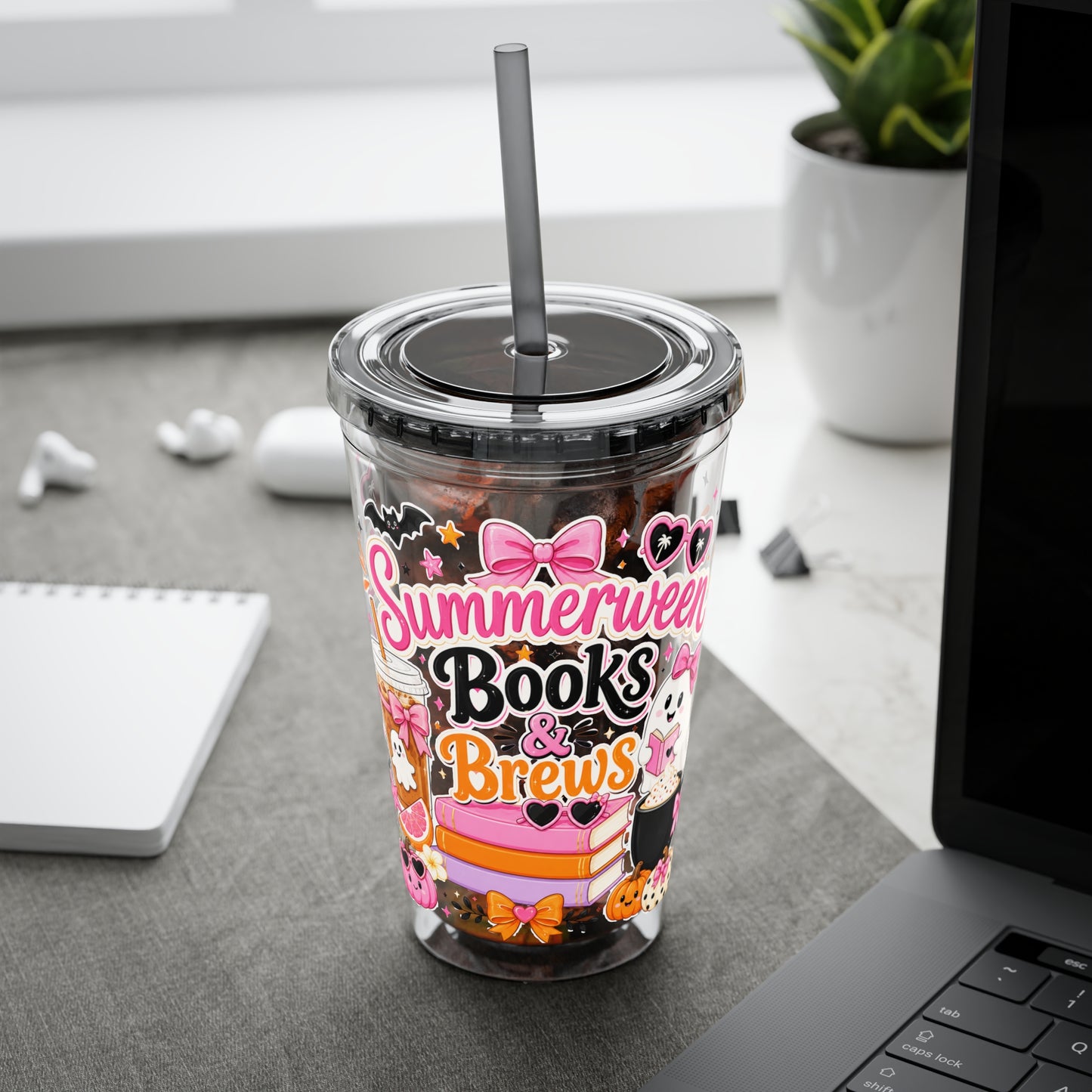 Summerween Books & Brews Tumbler — 16oz Straw Cup for Book Lovers