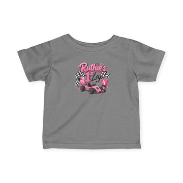 Baby Racing Car Tee — "Ruthie's 1 Lap" Pink Checkered Infant Shirt