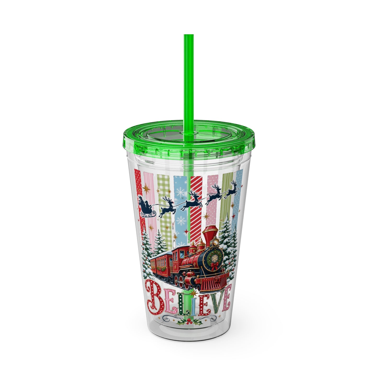 Believe Holiday Tumbler — Christmas Train 16oz Straw Cup