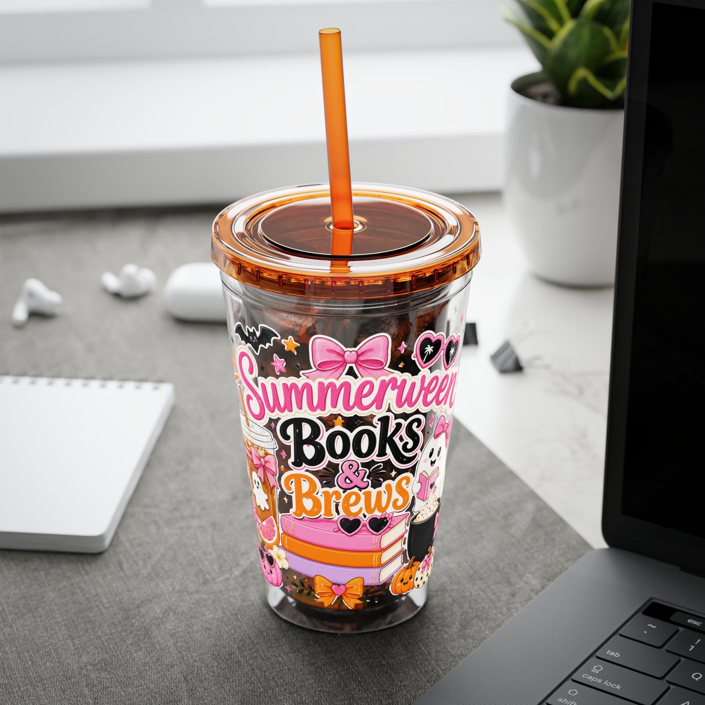 Summerween Books & Brews Tumbler — 16oz Straw Cup for Book Lovers