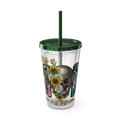 16oz Tumbler with Straw - "Being You" Floral Skull Cold Drink Cup Sunsplash Skull & Sunflower