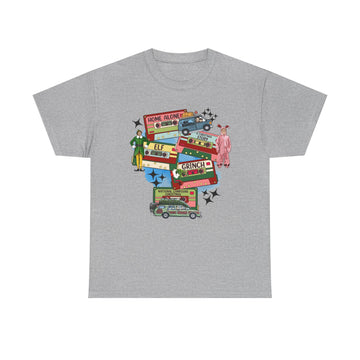 Retro Graphic Tee Holiday Movie Stack T-Shirt — Elf, Grinch & Classic Christmas Cars